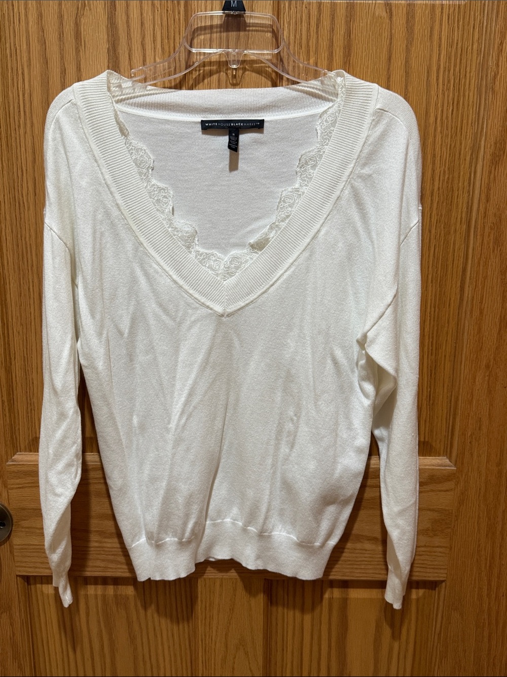 White House Black Market offwhite V-Neck Sweater with Lace Trim